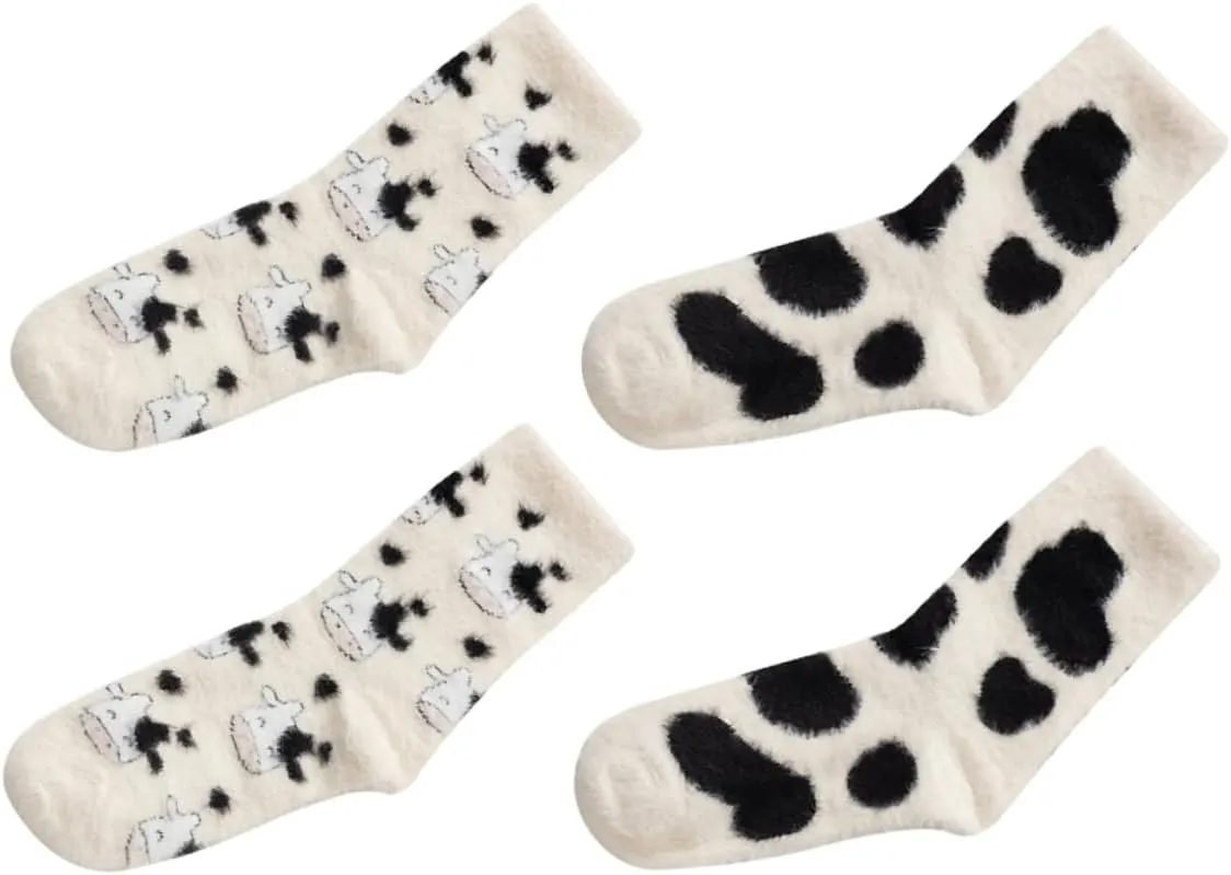 2 Pairs Cozy Fuzzy Socks - Cow Print Shirt & Slippers for Women - Indoor Cotton Thicken Animal
