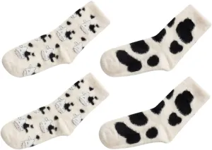 2 Pairs Cozy Fuzzy Socks - Cow Print Shirt & Slippers for Women - Indoor Cotton Thicken Animal