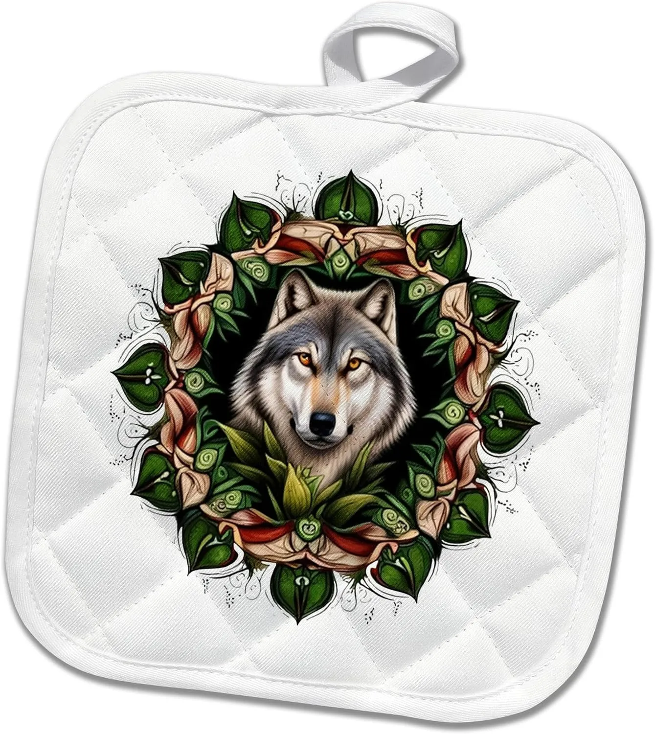 8x8 Potholder - A Timber Wolf Surrounded by Ladys Slipper Minnesota State Tattoo Art Vector Art - Minnesota Mammal Flower