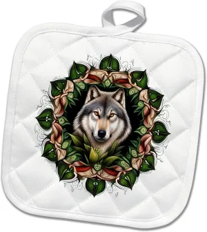 8x8 Potholder - A Timber Wolf Surrounded by Ladys Slipper Minnesota State Tattoo Art Vector Art - Minnesota Mammal Flower