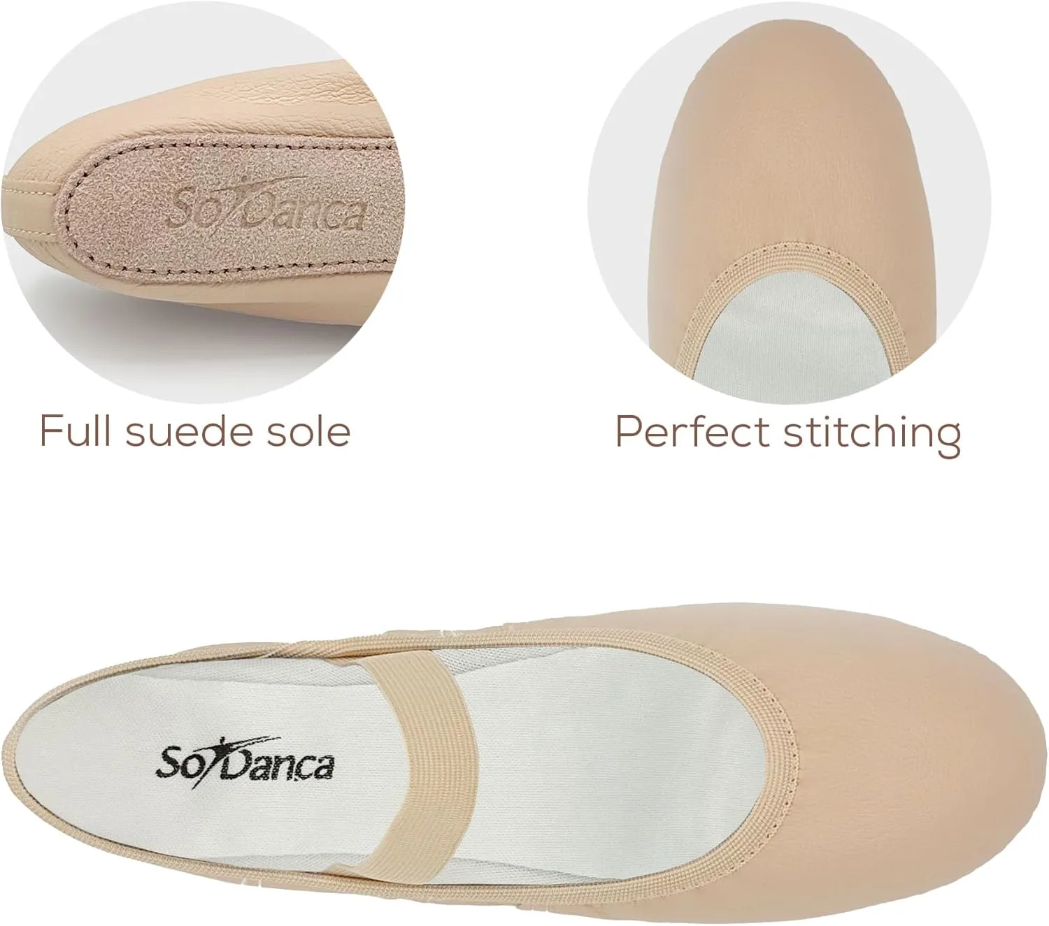 Adult Leather Ballet Shoes, Elastic Casing, Full Sole Slipper, Brittany - SD69L
