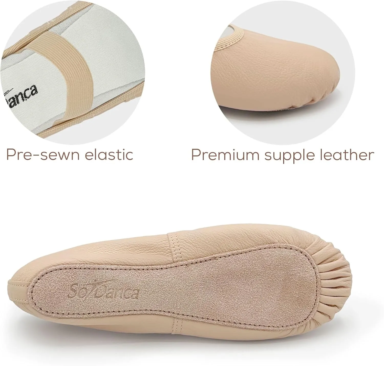 Adult Leather Ballet Shoes, Elastic Casing, Full Sole Slipper, Brittany - SD69L