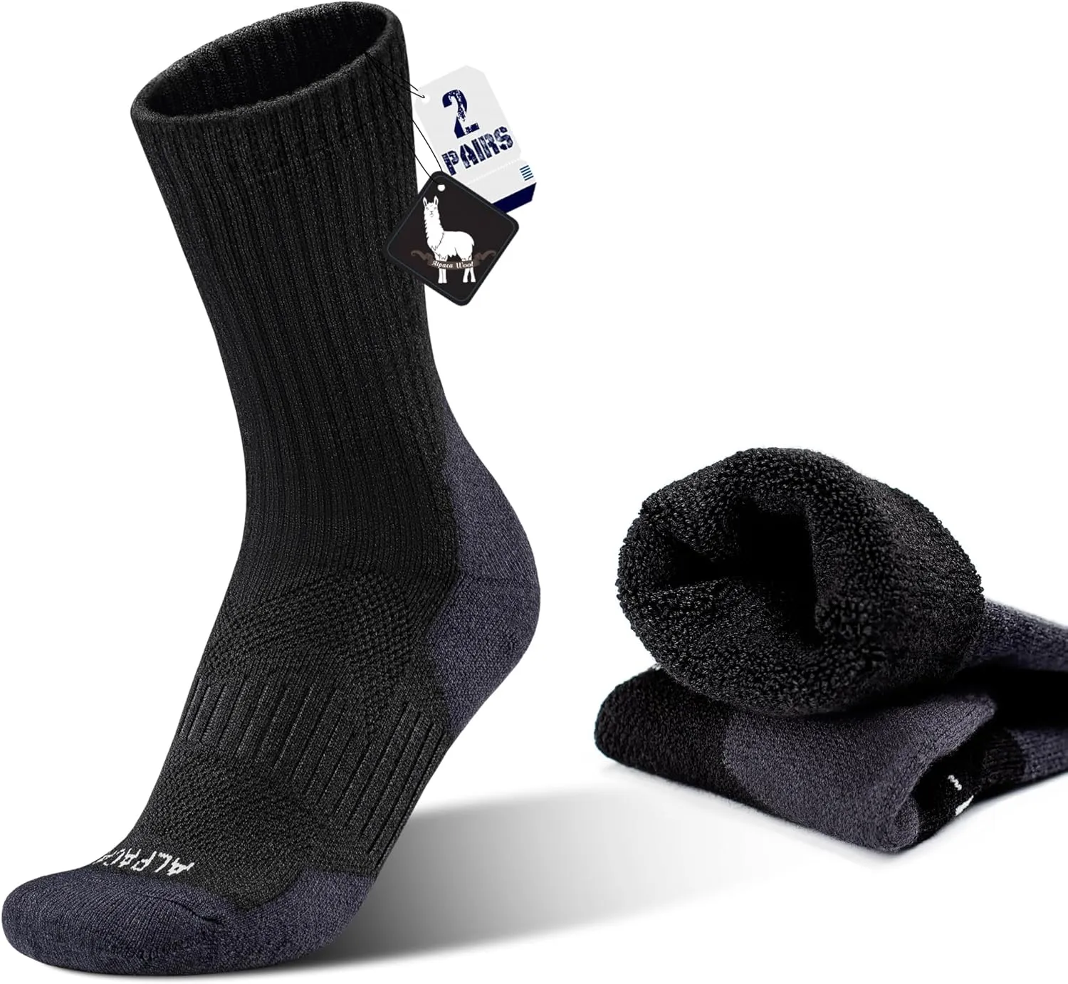 Alpaca Wool Hiking Socks 2 pairs for Men and Women,Thermal Warm Compression Padded Thick Winter Hunting Boot Socks