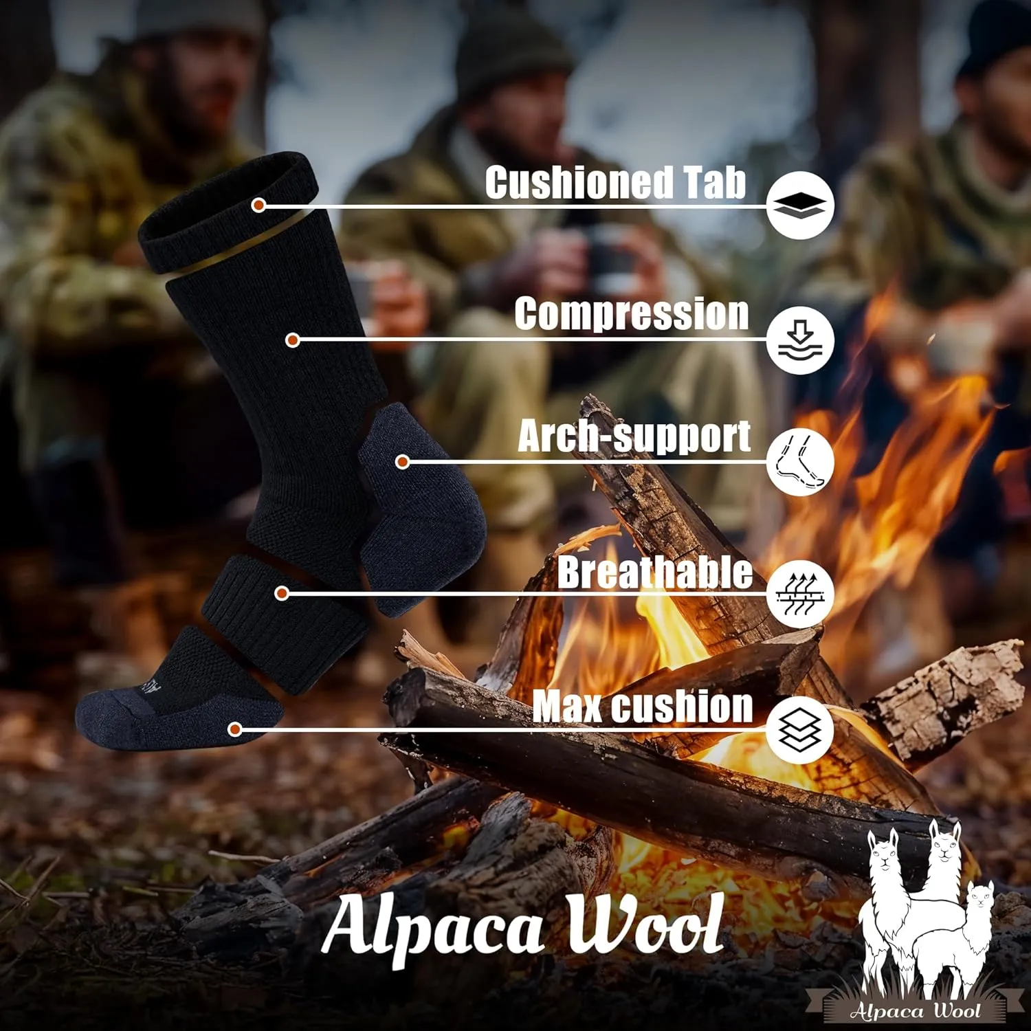 Alpaca Wool Hiking Socks 2 pairs for Men and Women,Thermal Warm Compression Padded Thick Winter Hunting Boot Socks