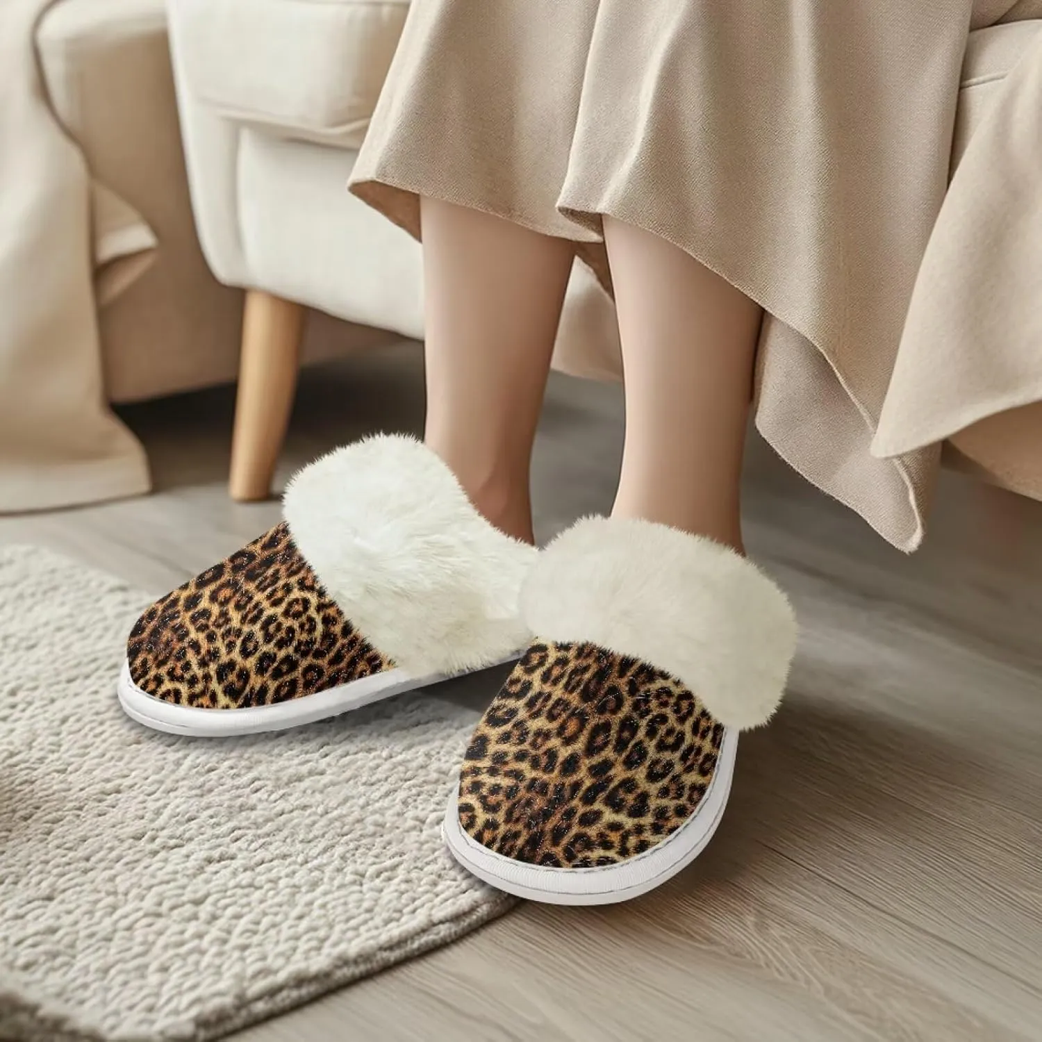 Animal Skins Cotton Slipper for Women Warm Soft Breathable Fluffy Collar Slippers Non-Slip House Winter Slippers for Womens White US 5-6