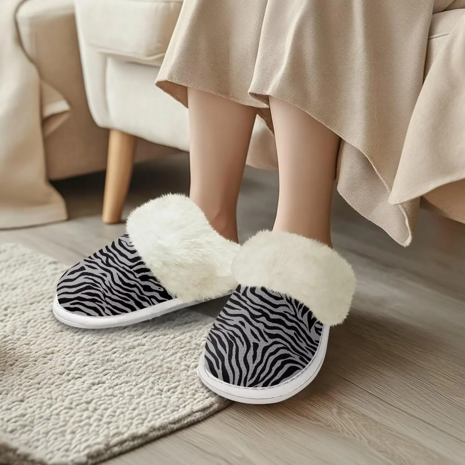 Animal Skins Cotton Slipper for Women Warm Soft Breathable Fluffy Collar Slippers Non-Slip House Winter Slippers for Womens White US 5-6
