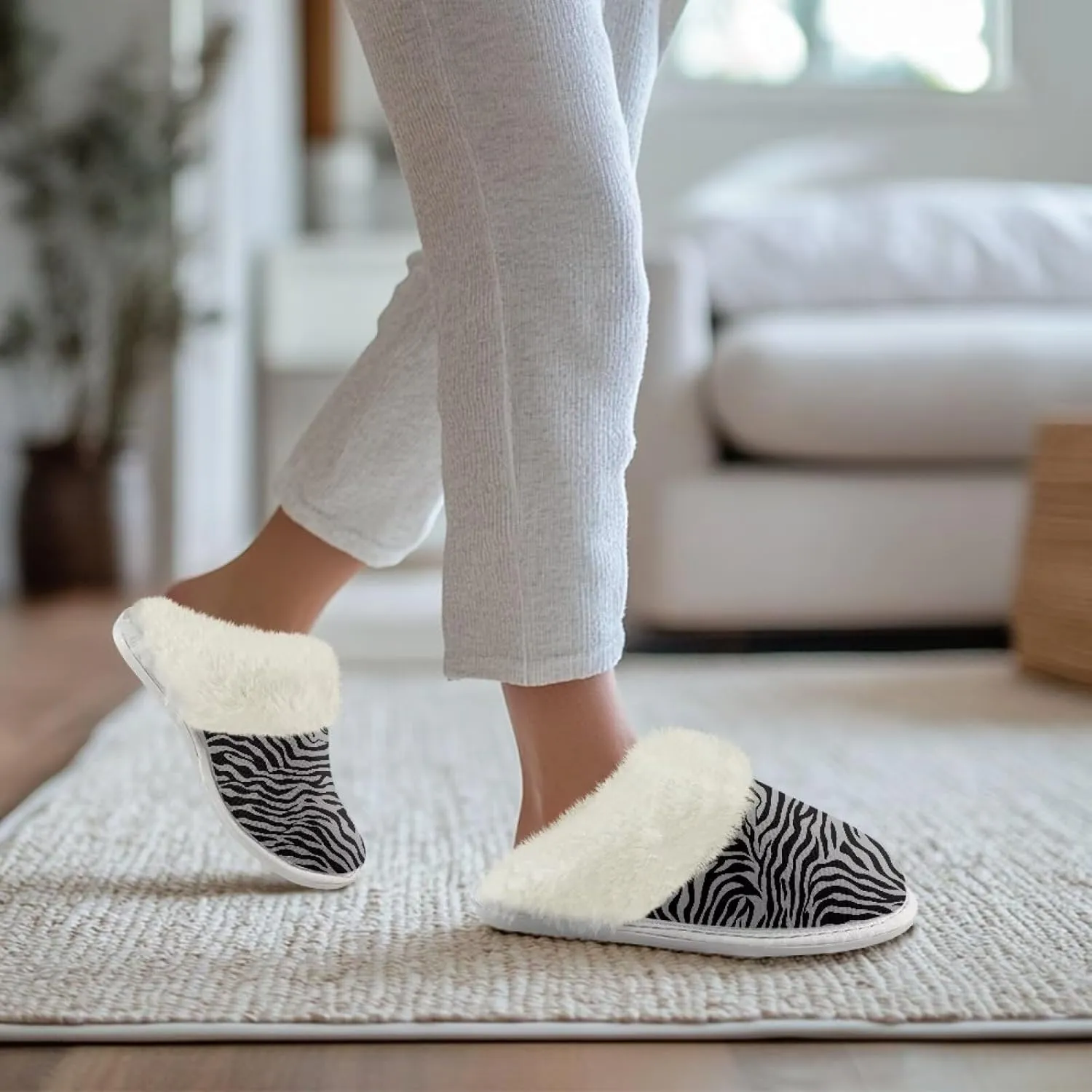 Animal Skins Cotton Slipper for Women Warm Soft Breathable Fluffy Collar Slippers Non-Slip House Winter Slippers for Womens White US 5-6