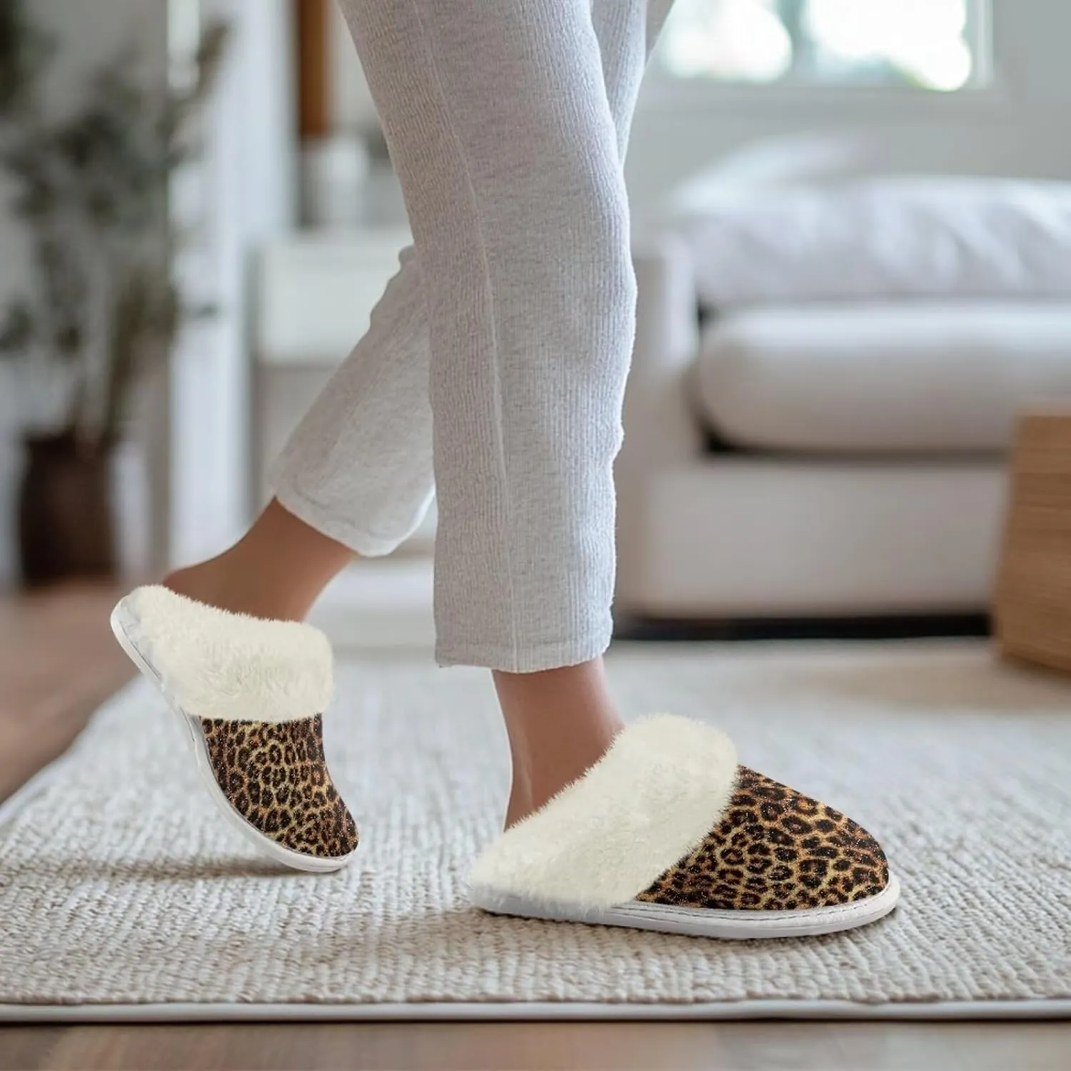 Animal Skins Cotton Slipper for Women Warm Soft Breathable Fluffy Collar Slippers Non-Slip House Winter Slippers for Womens White US 5-6