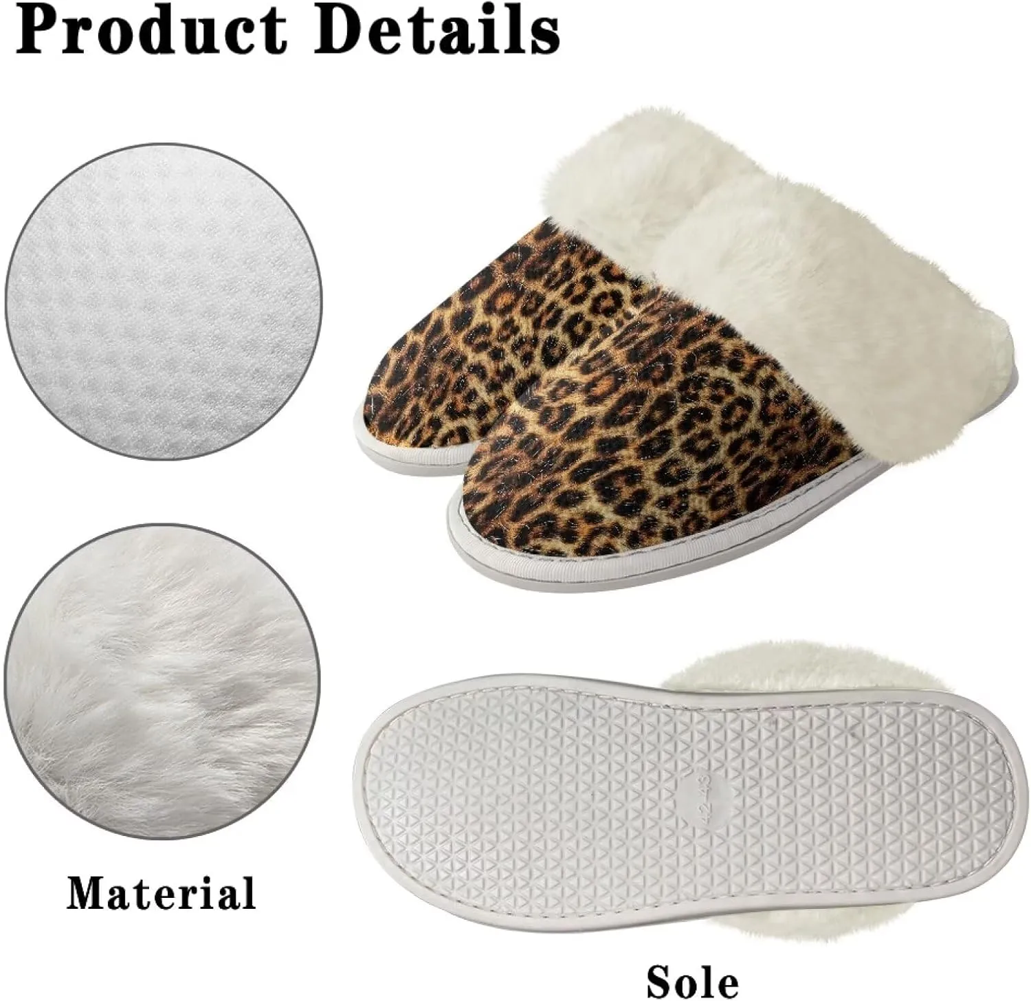 Animal Skins Cotton Slipper for Women Warm Soft Breathable Fluffy Collar Slippers Non-Slip House Winter Slippers for Womens White US 5-6
