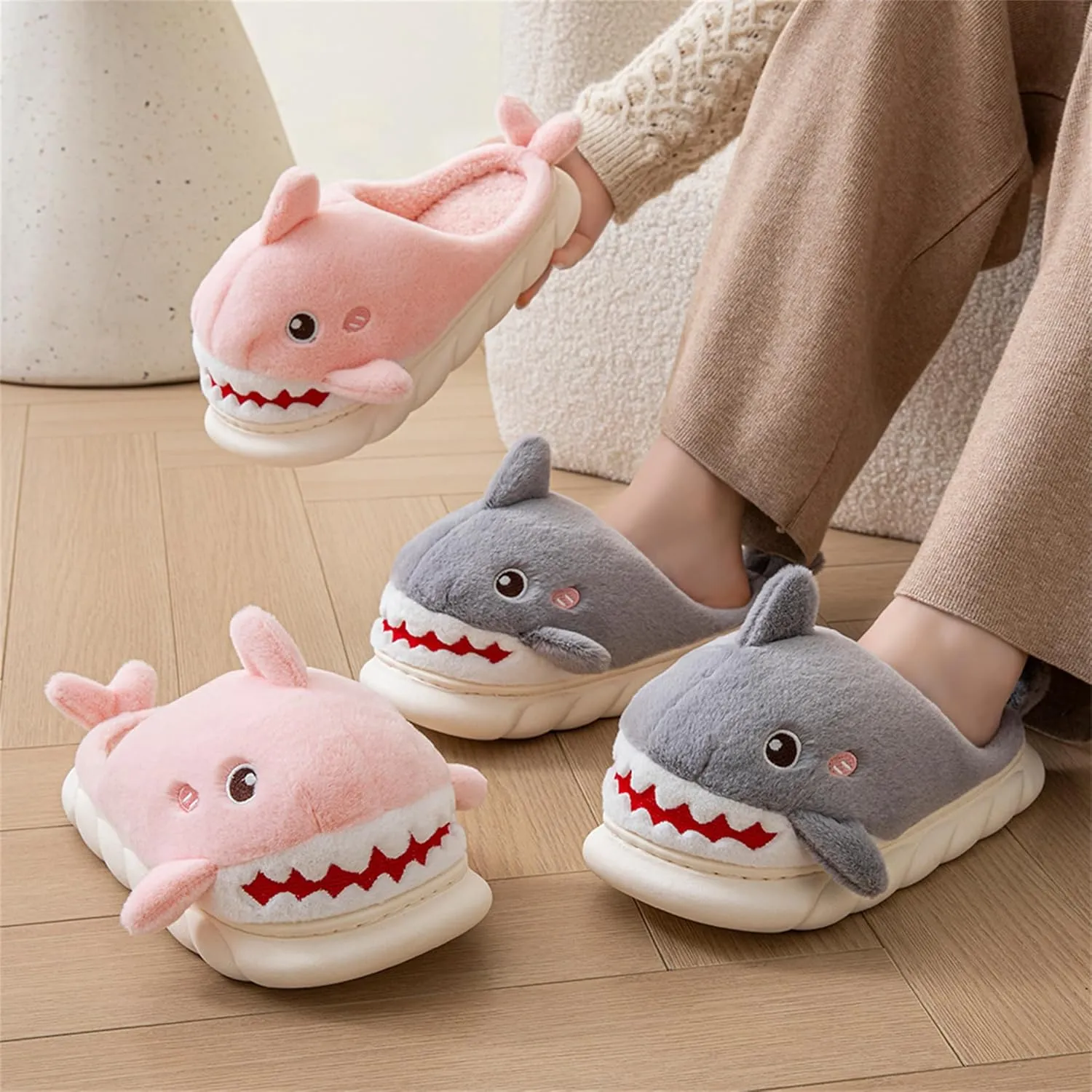 Animal slippers for Women Men Cute Shark Slippers Cozy adult home winter fuzzy cotton slippers