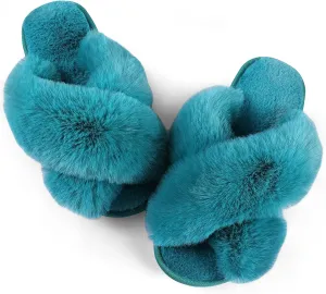 Ankis Womens Fuzzy Memory Foam Slippers Cross Band Cozy Plush Home Slippers Fluffy Furry Open Toe House Shoes Indoor Outdoor Slide Slipper