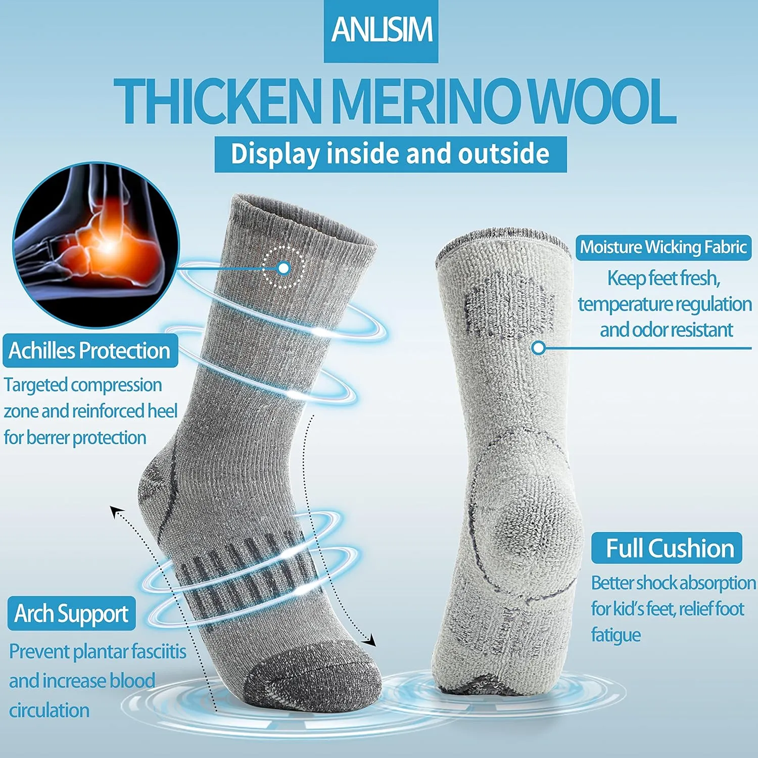 Anlisim Kids Merino Wool Hiking Socks Boys Girls Toddlers Thermal Winter Warm Boot Thick Cushion Snowboarding Socks