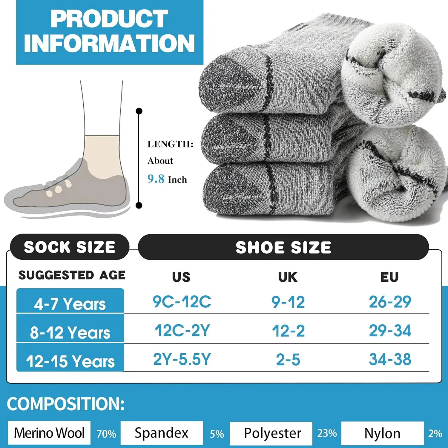 Anlisim Kids Merino Wool Hiking Socks Boys Girls Toddlers Thermal Winter Warm Boot Thick Cushion Snowboarding Socks