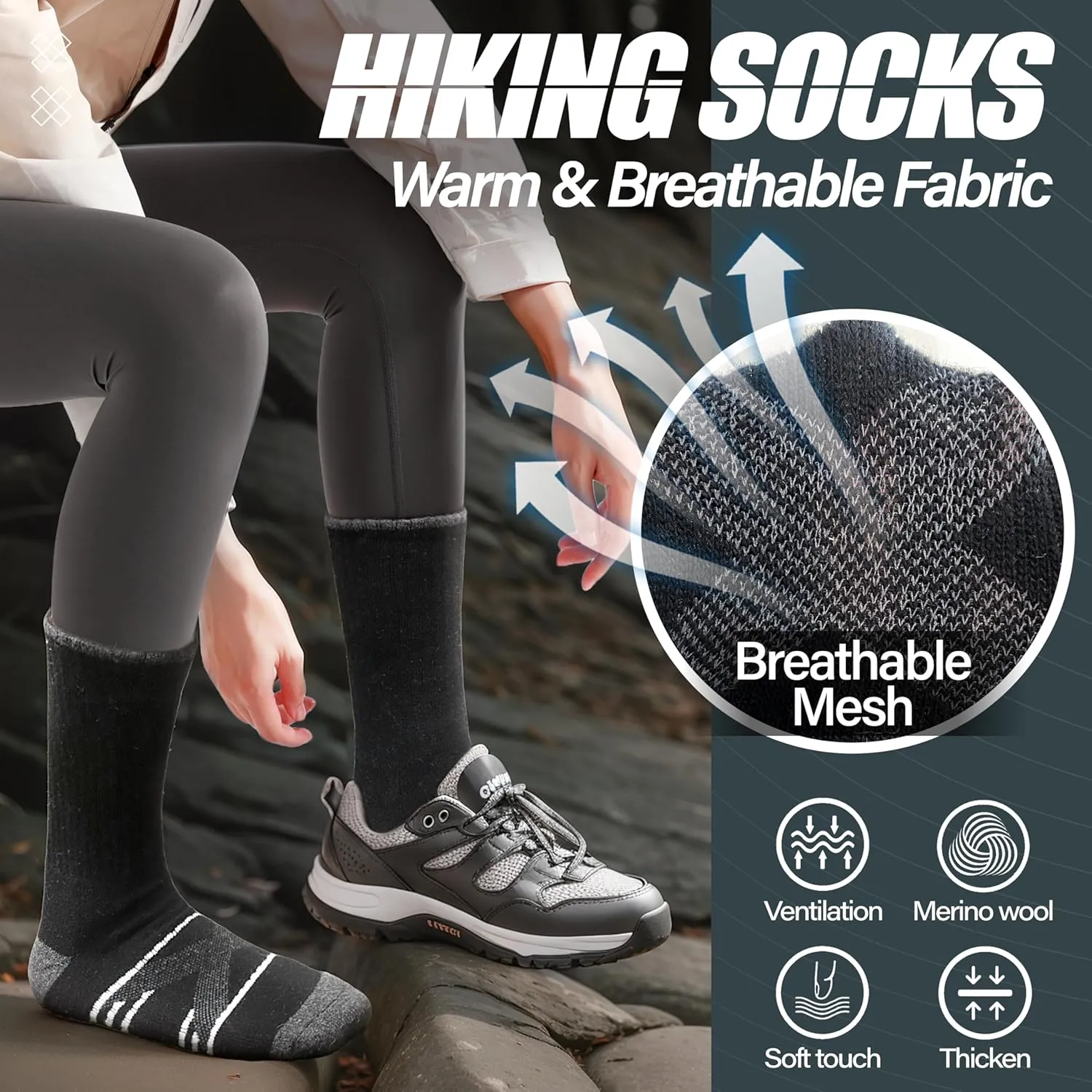 ANTSANG 5 Pairs Merino Wool Hiking Socks for Men & Women Thermal Winter Warm Moisture Wicking Cushion Boot Socks