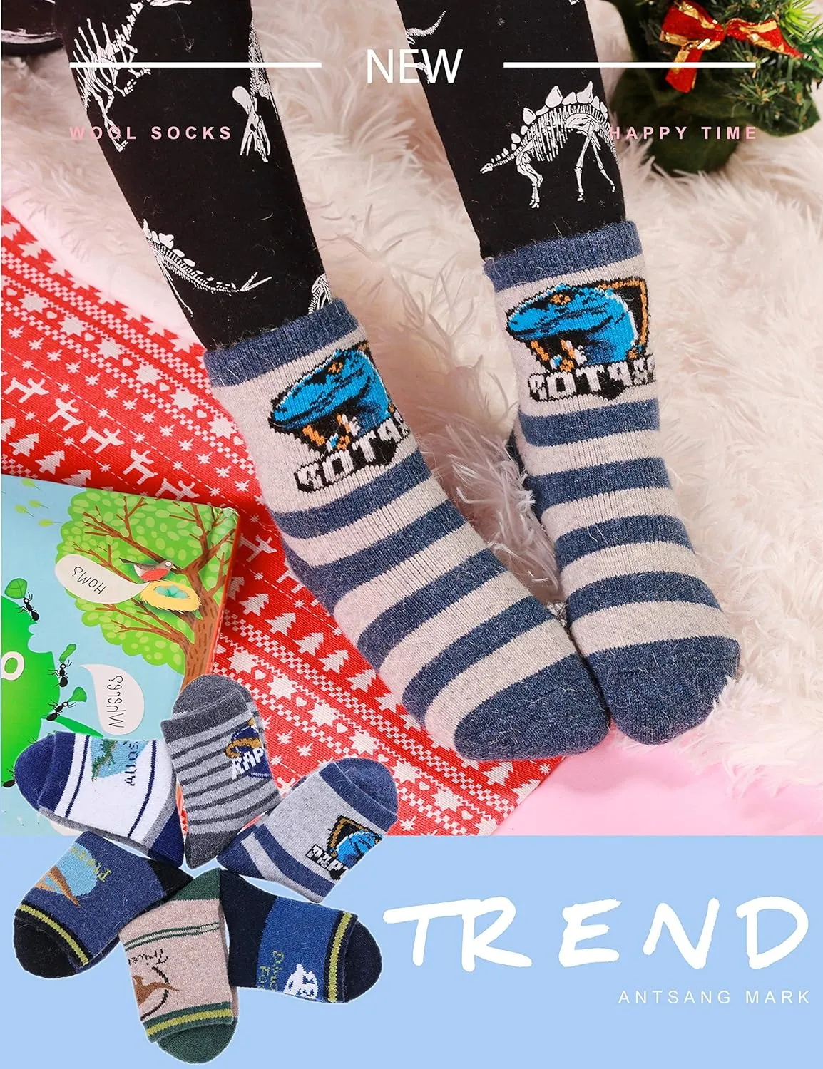 ANTSANG Kids Merino Wool Hiking Socks for Toddlers Boys Girls Warm Thick Thermal Crew Boot Heavy Cozy Gift Socks 6 Pairs