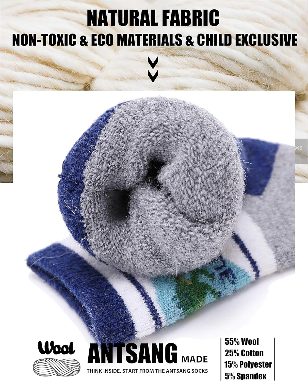 ANTSANG Kids Merino Wool Hiking Socks for Toddlers Boys Girls Warm Thick Thermal Crew Boot Heavy Cozy Gift Socks 6 Pairs