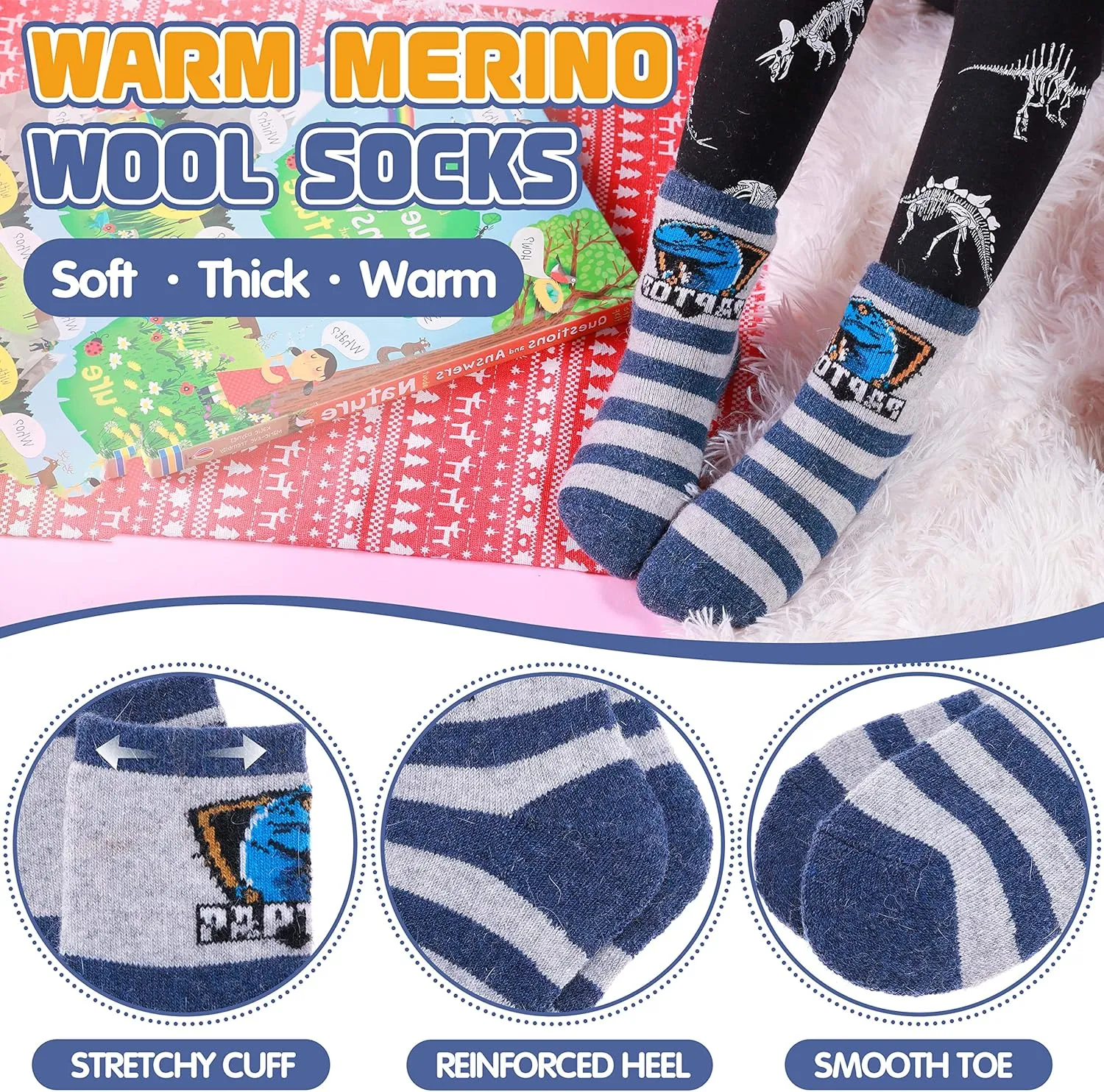 ANTSANG Kids Wool Hiking Socks Winter Warm Thick Thermal Crew Boot Heavy Cozy Gift Snowboarding Socks 6 Pairs