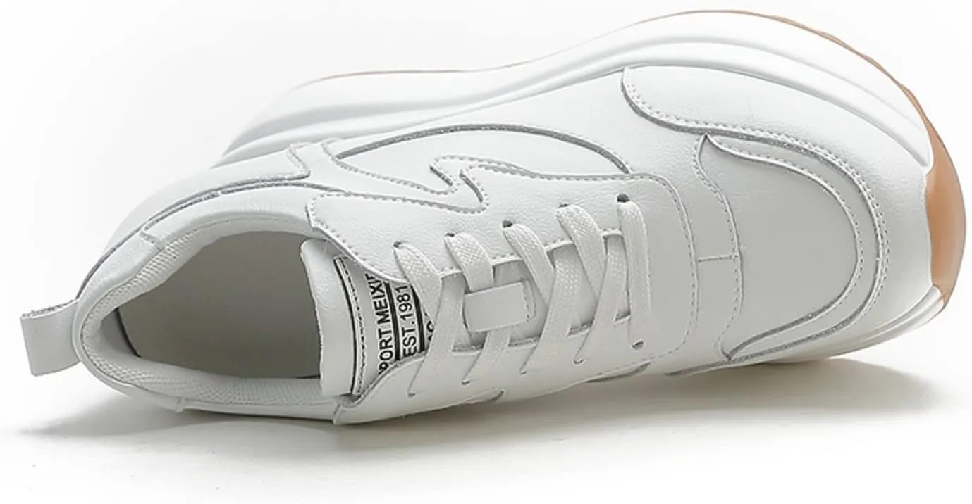 AONEGOLD Platform Sneakers with High Hidden Heel, Wedge Sneakers, Leather Upper, Fashion Lace-ups, Increasing 3.94 inches