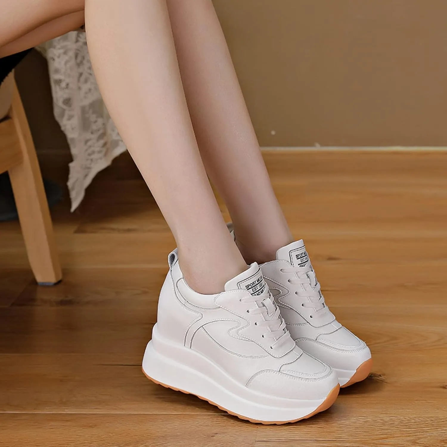 AONEGOLD Platform Sneakers with High Hidden Heel, Wedge Sneakers, Leather Upper, Fashion Lace-ups, Increasing 3.94 inches