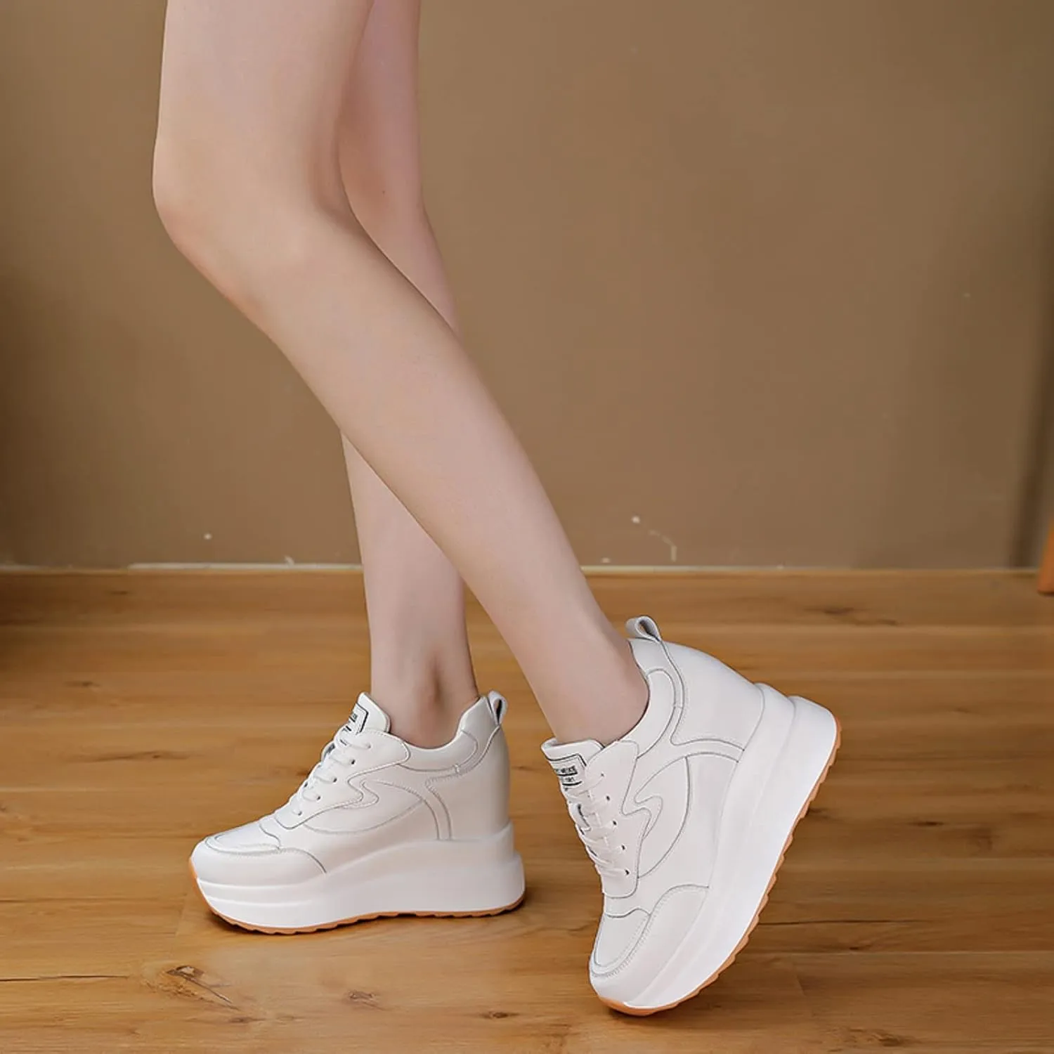 AONEGOLD Platform Sneakers with High Hidden Heel, Wedge Sneakers, Leather Upper, Fashion Lace-ups, Increasing 3.94 inches