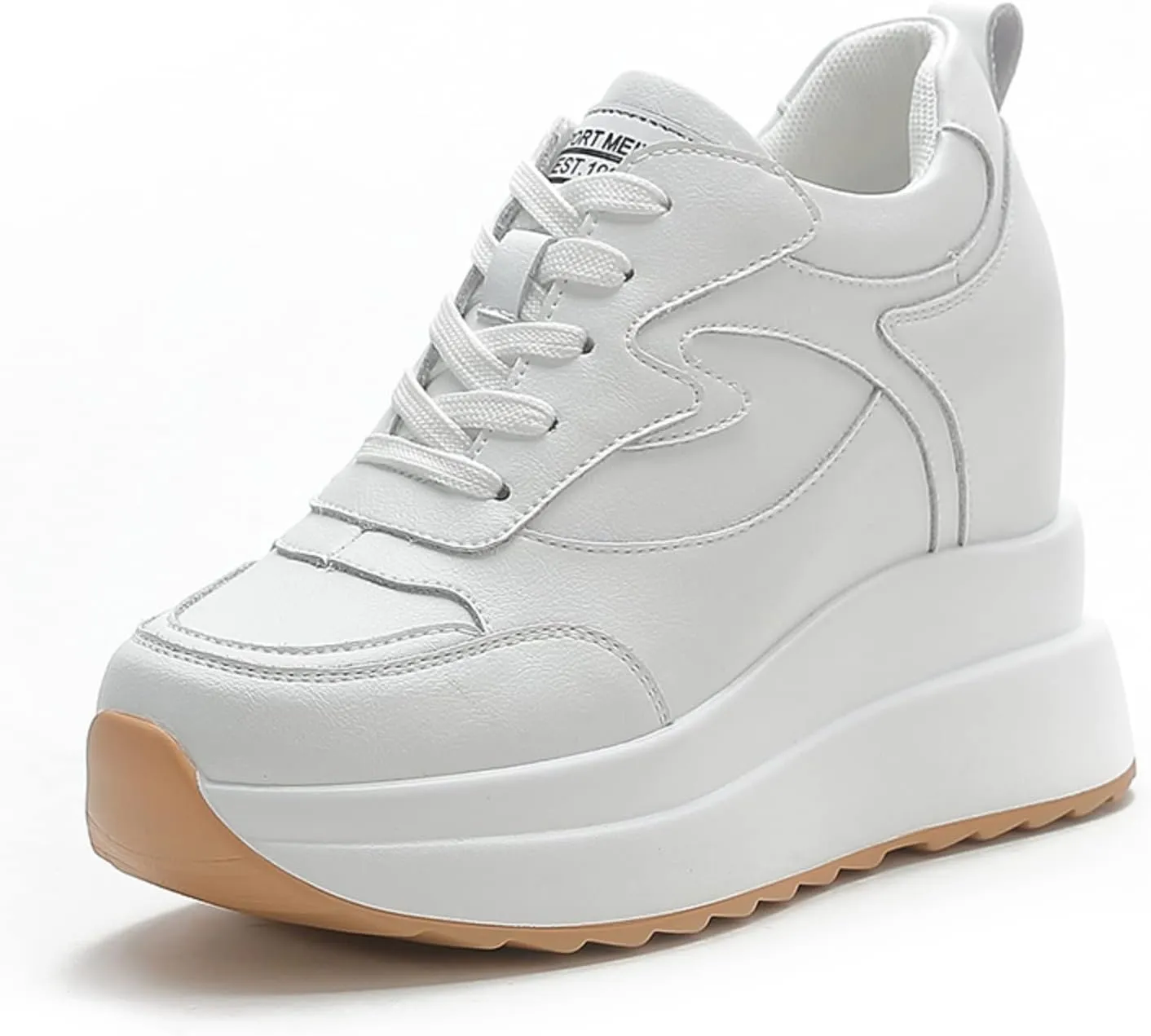 AONEGOLD Platform Sneakers with High Hidden Heel, Wedge Sneakers, Leather Upper, Fashion Lace-ups, Increasing 3.94 inches