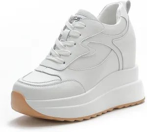 AONEGOLD Platform Sneakers with High Hidden Heel, Wedge Sneakers, Leather Upper, Fashion Lace-ups, Increasing 3.94 inches