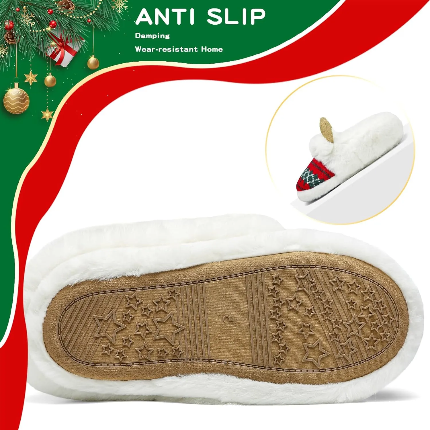 ASHION Women's Cute Fuzzy Reindeer House Slippers Stuffed Animal Bedroom Slippers Cozy Christmas Indoor Shoes