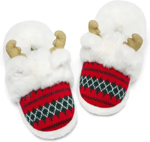 ASHION Women's Cute Fuzzy Reindeer House Slippers Stuffed Animal Bedroom Slippers Cozy Christmas Indoor Shoes