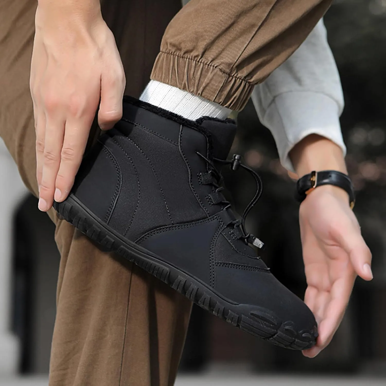 Barefoot Snow Boots for Men's Women's Winter Warm Waterproof Zero Drop Comfortable Cold-Proof Fleece Lining Wide Toe Sneakers Ankle Booties for Hiking Walking Outdoor Unisex