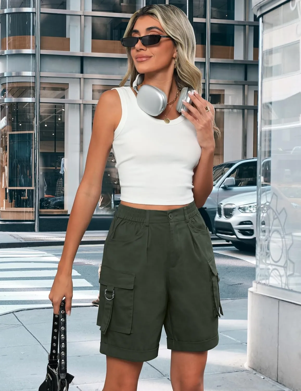 Bermuda Shorts for Women Cargo Cotton Shorts High Waist Knee Length 6 Pockets 2025 Summer Casual Long Shorts