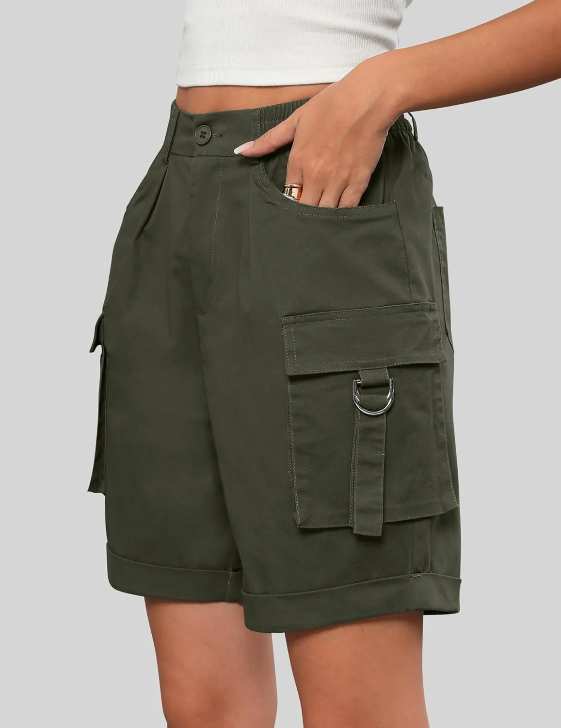 Bermuda Shorts for Women Cargo Cotton Shorts High Waist Knee Length 6 Pockets 2025 Summer Casual Long Shorts