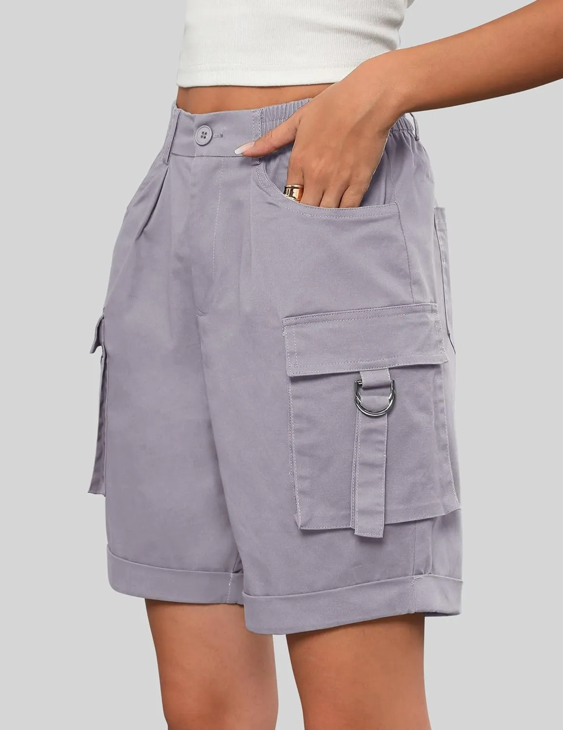 Bermuda Shorts for Women Cargo Cotton Shorts High Waist Knee Length 6 Pockets 2025 Summer Casual Long Shorts
