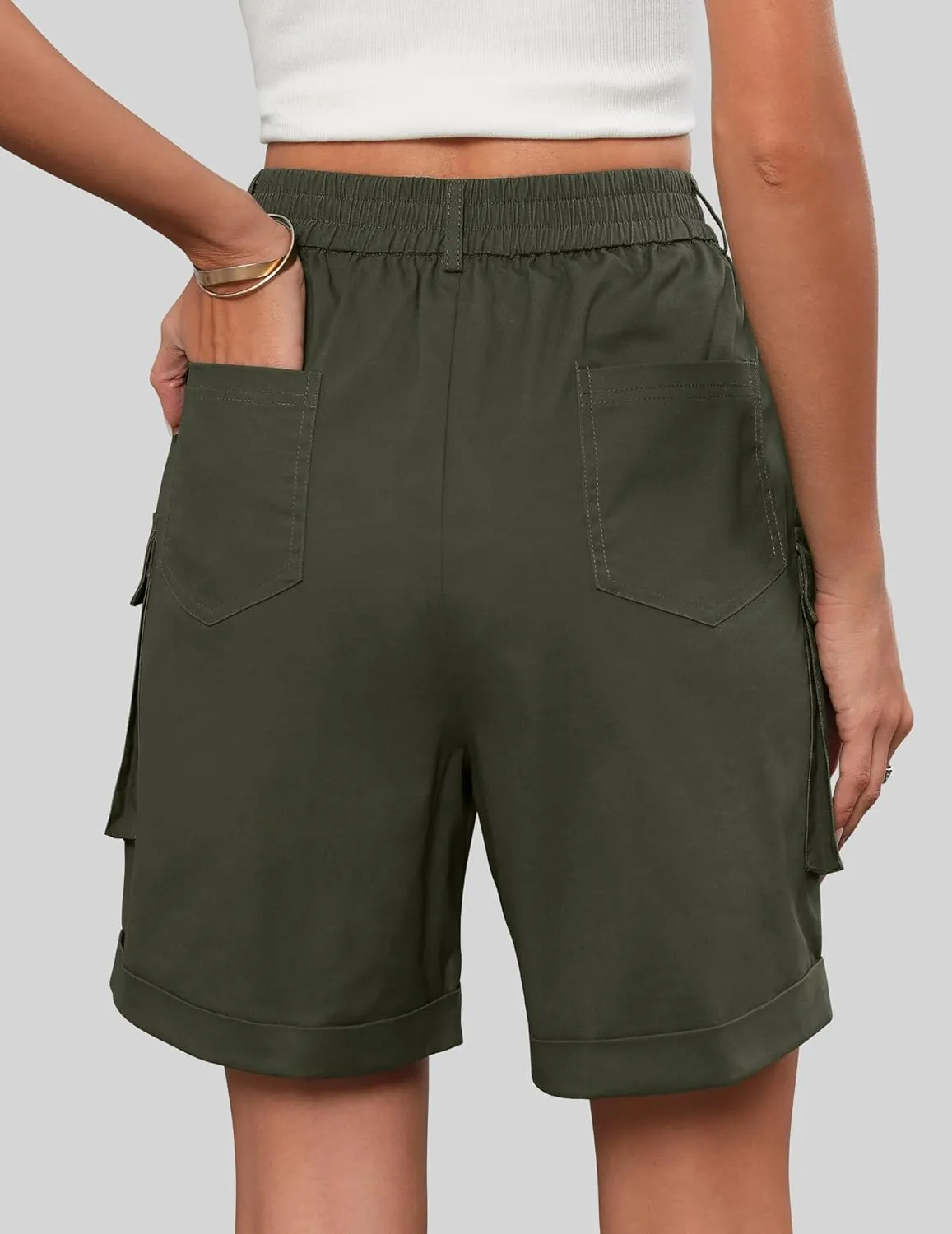 Bermuda Shorts for Women Cargo Cotton Shorts High Waist Knee Length 6 Pockets 2025 Summer Casual Long Shorts