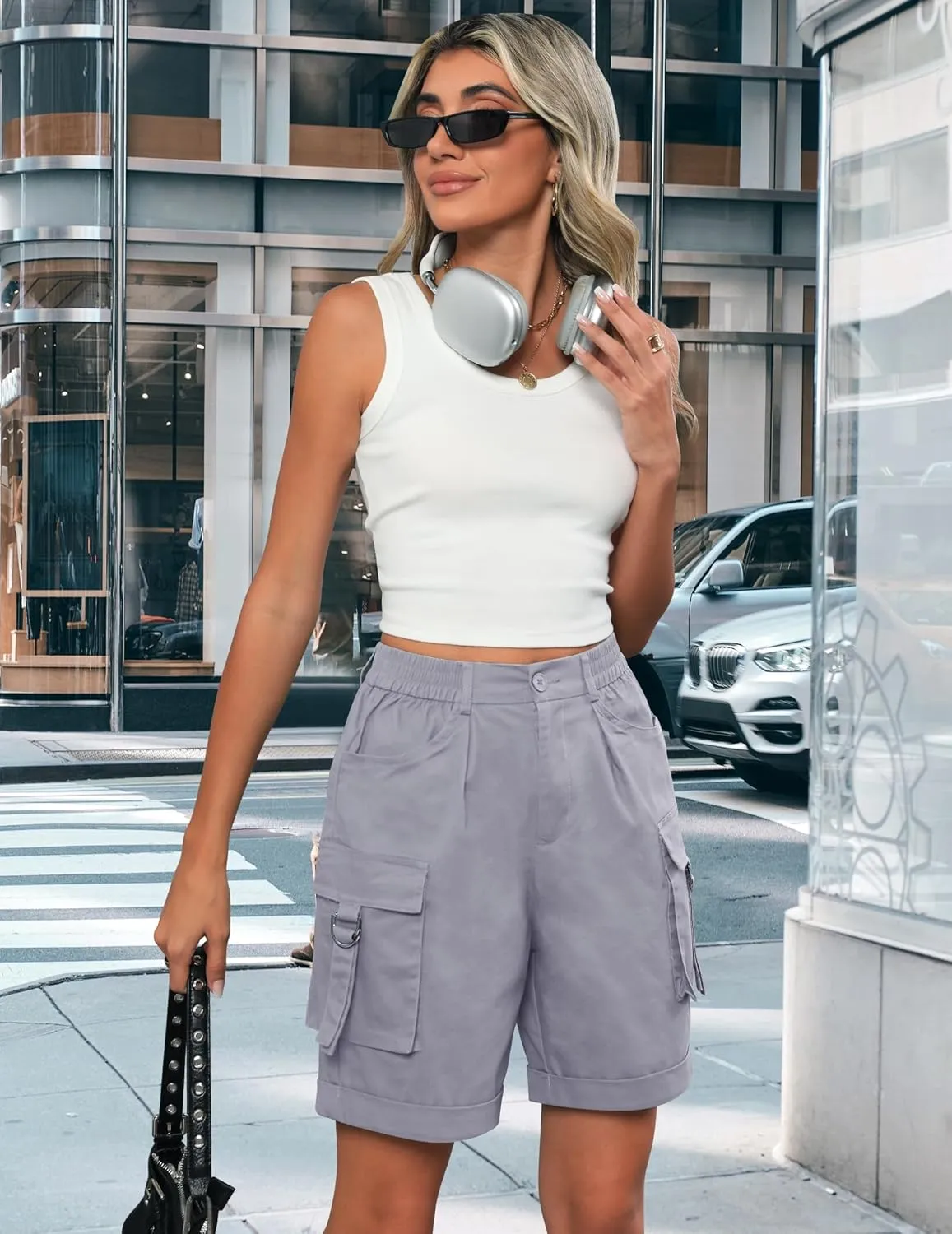 Bermuda Shorts for Women Cargo Cotton Shorts High Waist Knee Length 6 Pockets 2025 Summer Casual Long Shorts