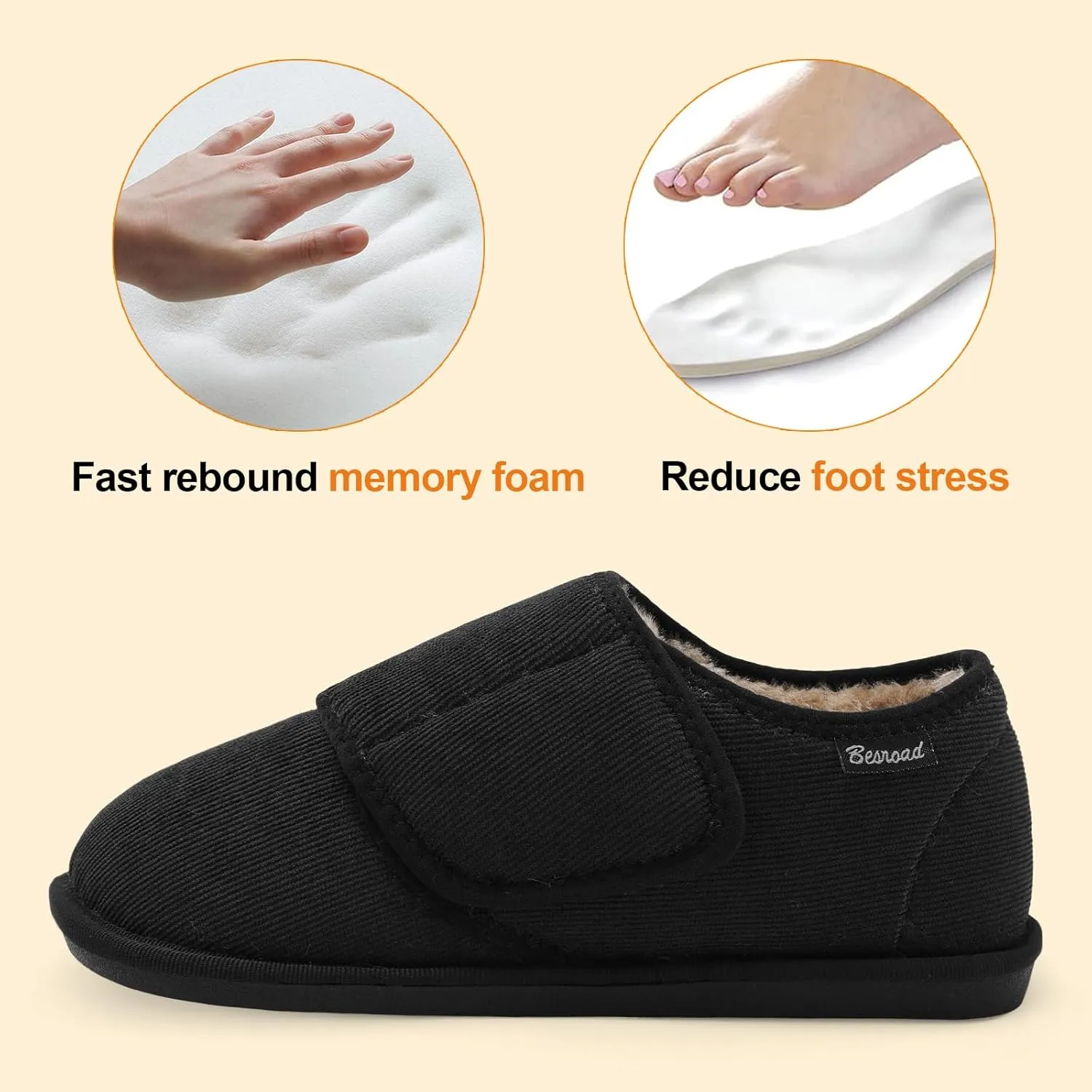 Besroad Womens Furry Memory Foam House Slippers Wide Diabetic Shoes Adjustable Bedroom Slippers Arthritis Edema Swollen House Shoes Indoor Outdoor