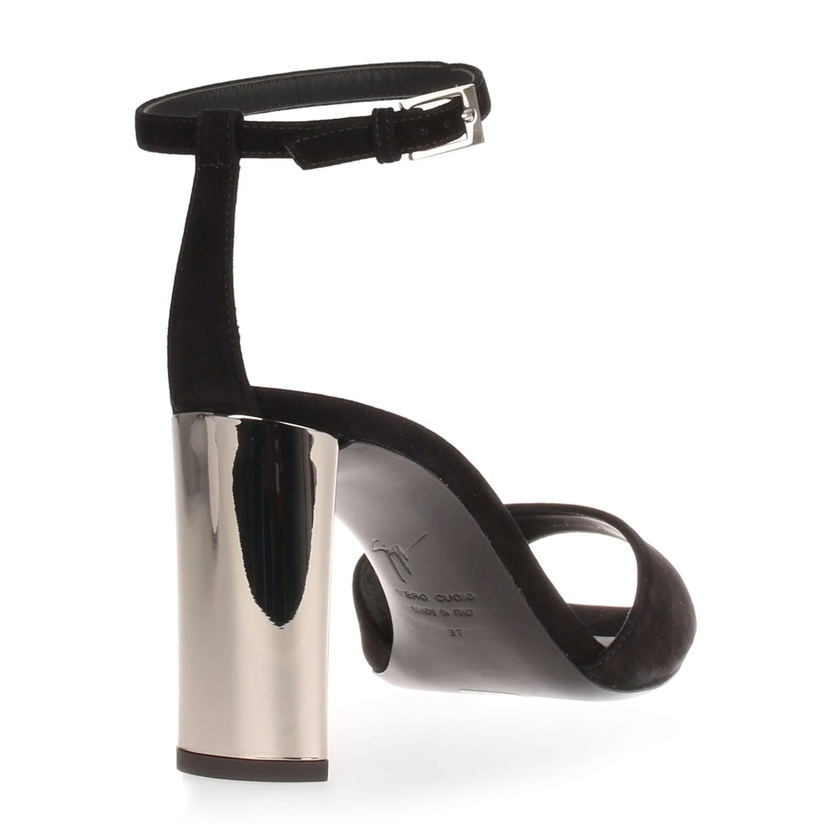 Black suede metallic heel sandal