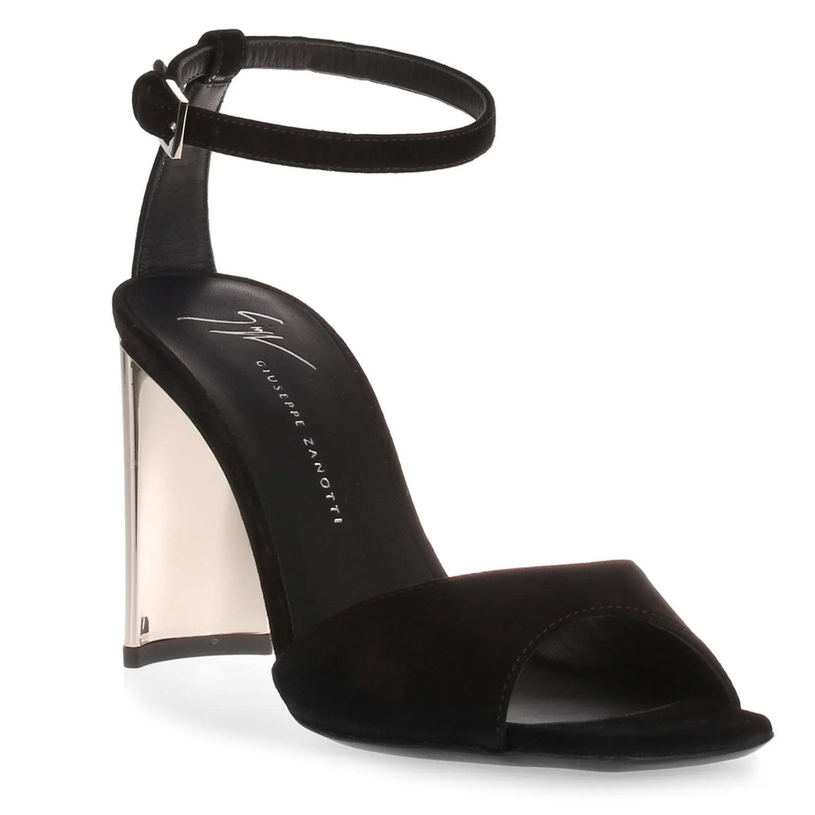 Black suede metallic heel sandal