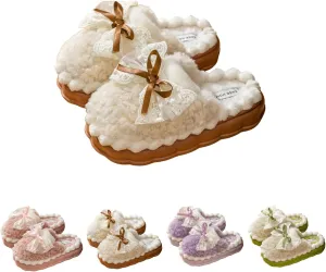 Bow Knot Plush Slippers Fashionable Home Rabbit Plush Warm Thick Soled Cotton Slippers
