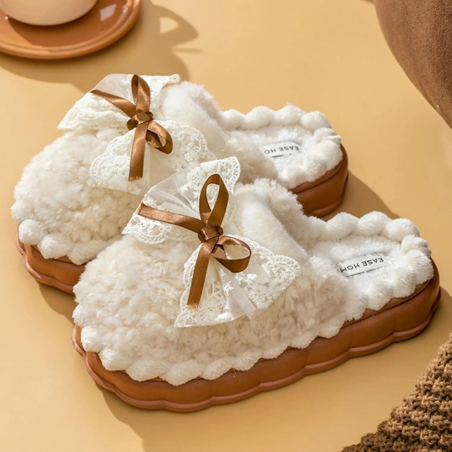 Bow Knot Plush Slippers Fashionable Home Rabbit Plush Warm Thick Soled Cotton Slippers