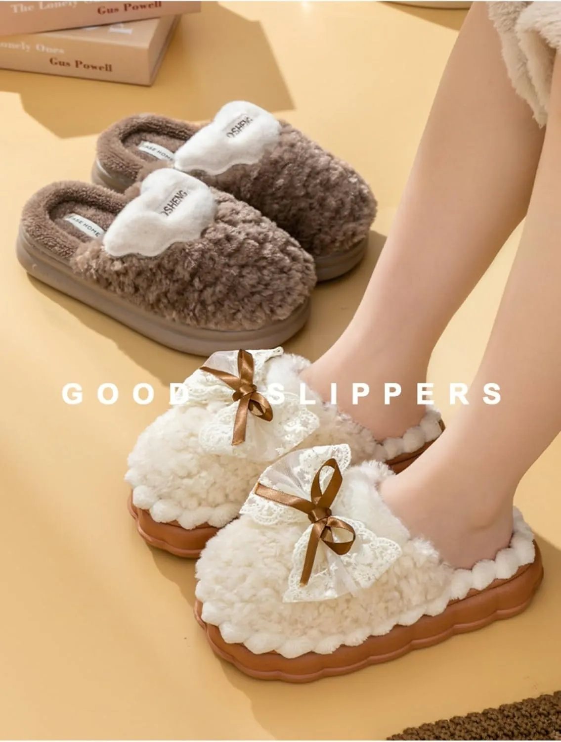 Bow Knot Plush Slippers Fashionable Home Rabbit Plush Warm Thick Soled Cotton Slippers