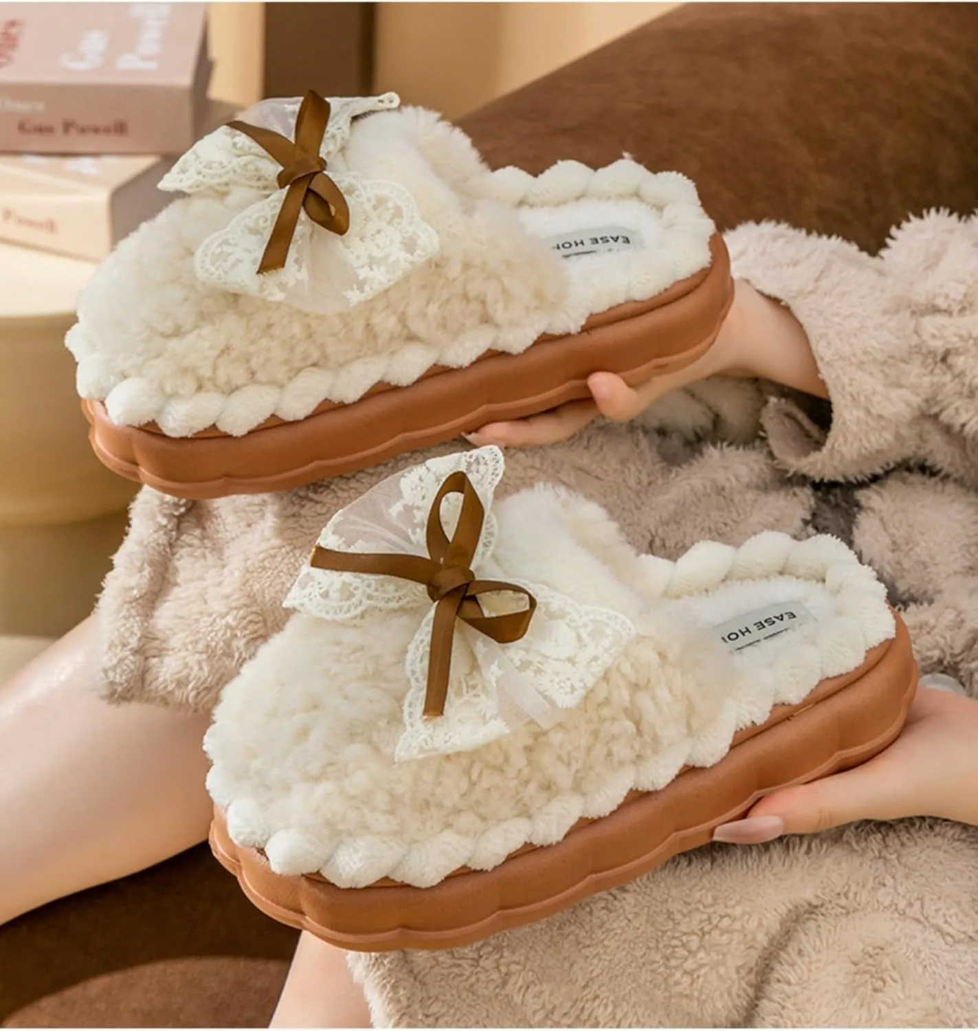 Bow Knot Plush Slippers Fashionable Home Rabbit Plush Warm Thick Soled Cotton Slippers
