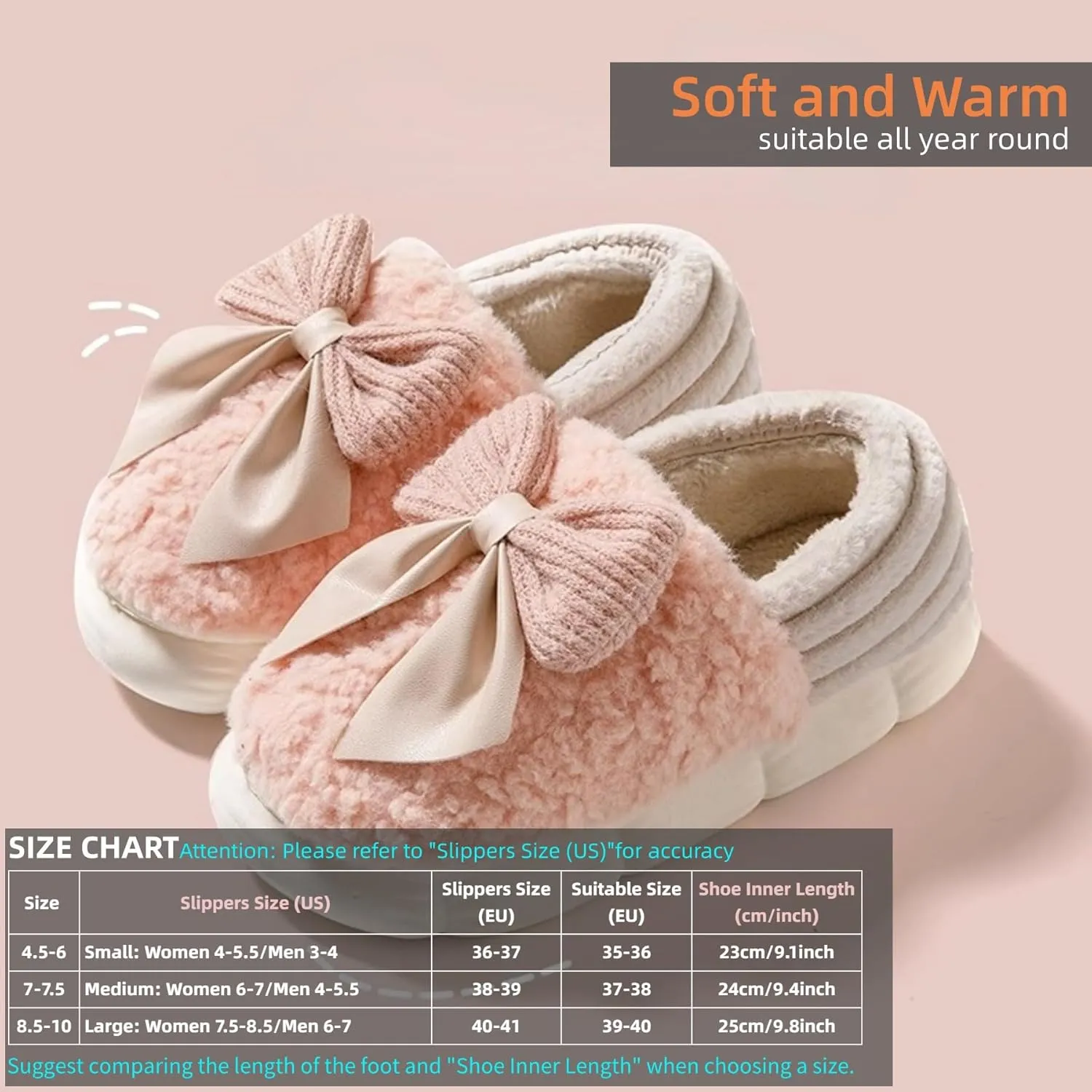 Bow Slippers Cute Cozy Soft Fuzzy Slippers for Womens Bow Tie Winter House Warm Slippers Shoes Indoor Non Slip Home Slippers Ladies Bedroom Indoor Slipper