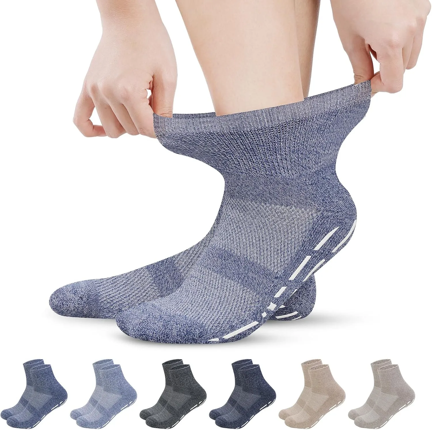 Bulinlulu Bamboo Viscose Diabetic Socks with Grippers for Men Women -6 Pairs Non Binding Ankle Slipper Socks Size 6-9 9-12