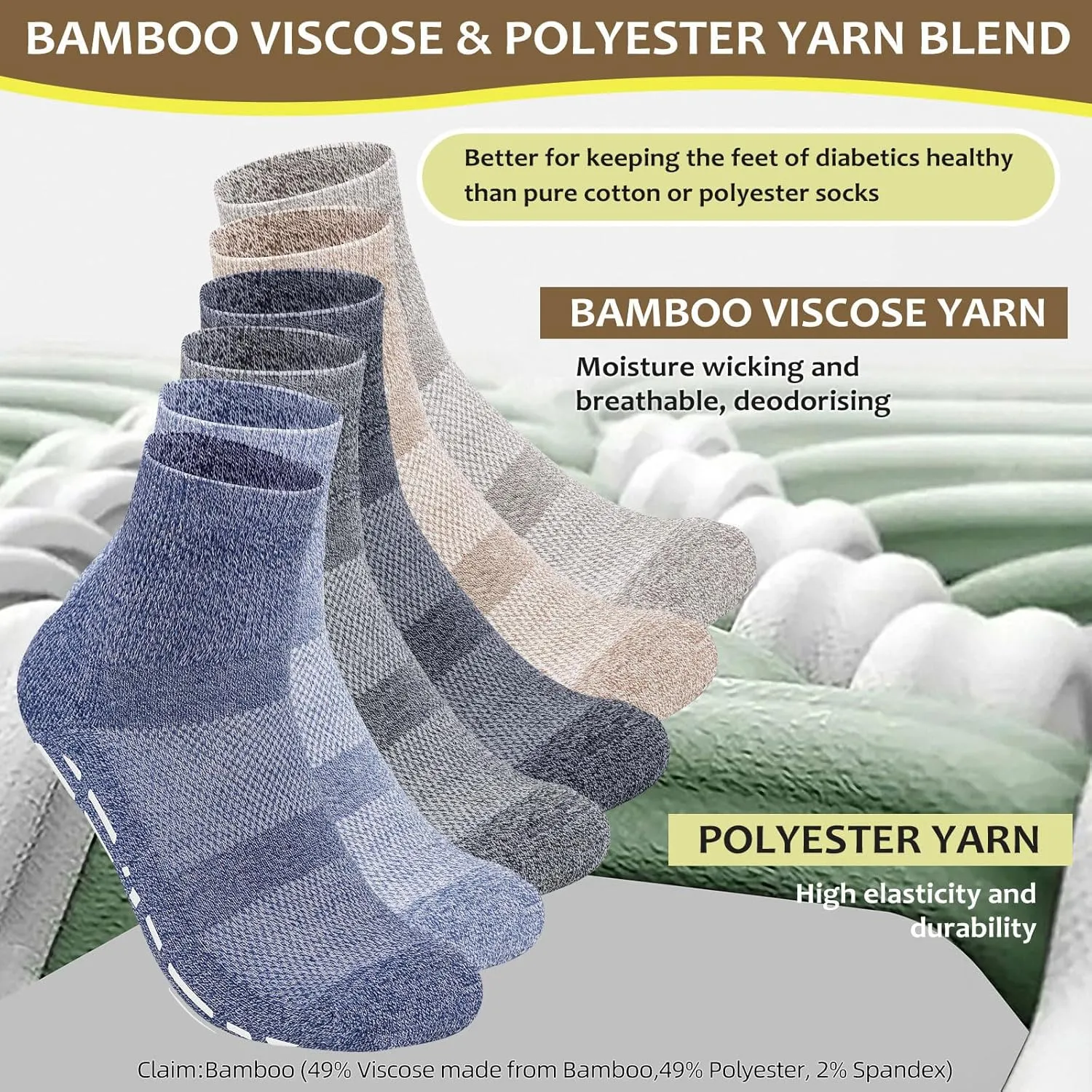 Bulinlulu Bamboo Viscose Diabetic Socks with Grippers for Men Women -6 Pairs Non Binding Ankle Slipper Socks Size 6-9 9-12
