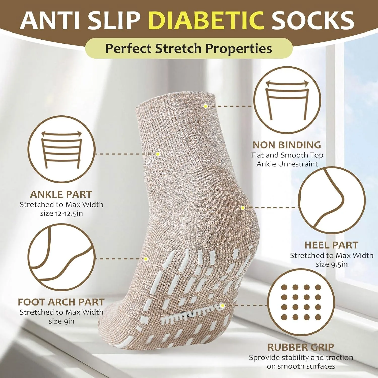 Bulinlulu Bamboo Viscose Diabetic Socks with Grippers for Men Women -6 Pairs Non Binding Ankle Slipper Socks Size 6-9 9-12