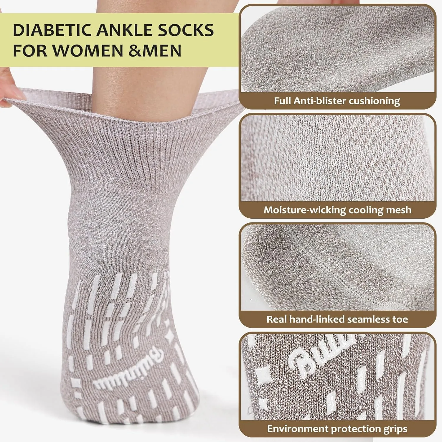 Bulinlulu Bamboo Viscose Diabetic Socks with Grippers for Men Women -6 Pairs Non Binding Ankle Slipper Socks Size 6-9 9-12