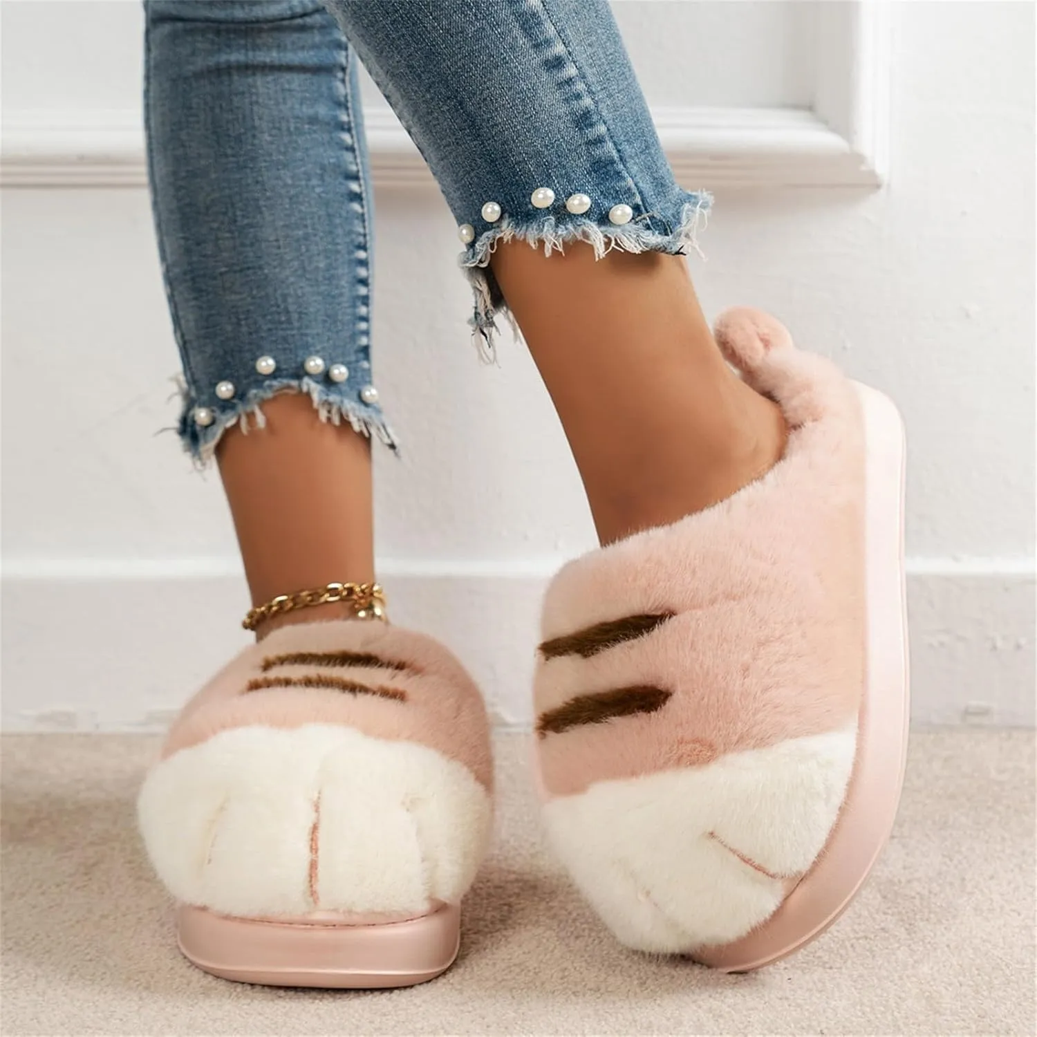 Cat Paw Slippers, Cat Slippers for Women 3D Cat Paw Cartoon Slipper Warm Fluffy Furry Winter Indoor Outdoor Slides