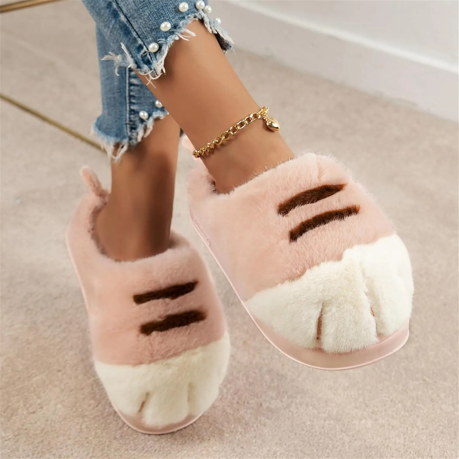 Cat Paw Slippers, Cat Slippers for Women 3D Cat Paw Cartoon Slipper Warm Fluffy Furry Winter Indoor Outdoor Slides