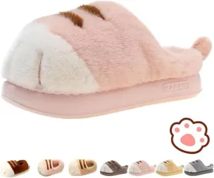 Cat Paw Slippers, Cat Slippers for Women 3D Cat Paw Cartoon Slipper Warm Fluffy Furry Winter Indoor Outdoor Slides