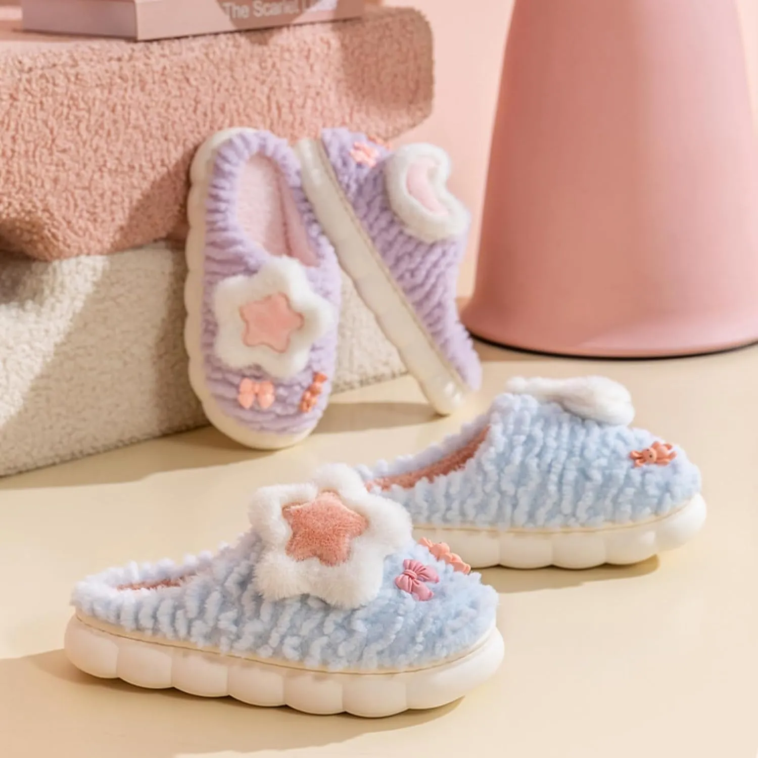 Cosmic Star Moon Cotton Stuff Slippers Plush Velvet Soft Furry Slippers Cozy Fluffy Home Indoor Outdoor House Shoes